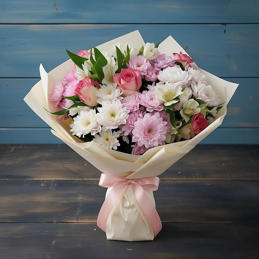 Букет цветов из: Хризантемы, Альстромерии и Розы в Наро-Фоминске